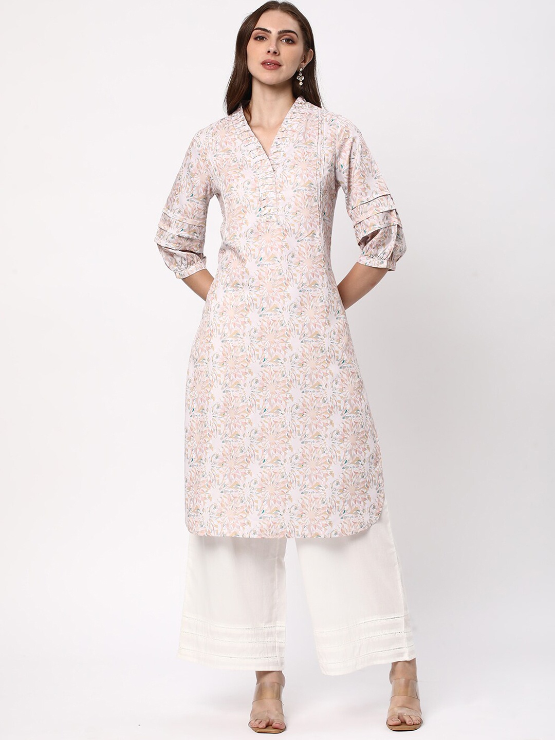 

R&B Women Floral Printed Pathani Kurta, Beige