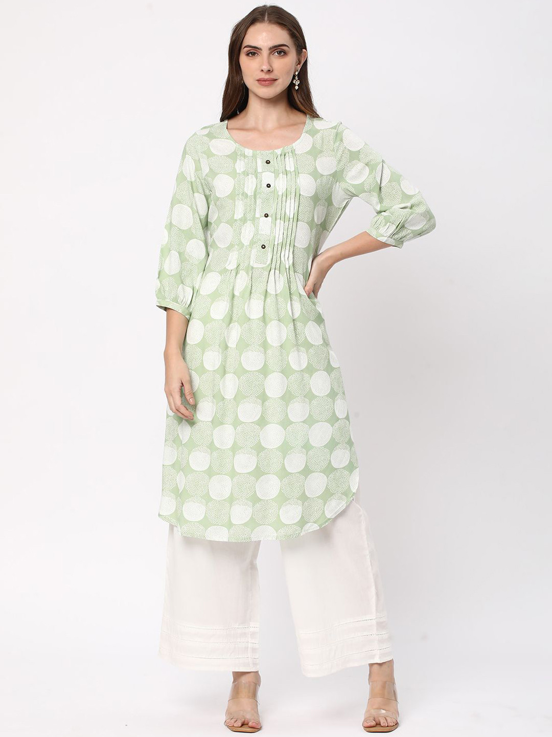 

R&B Women Geometric Flared Sleeves Anarkali Kurta, Green