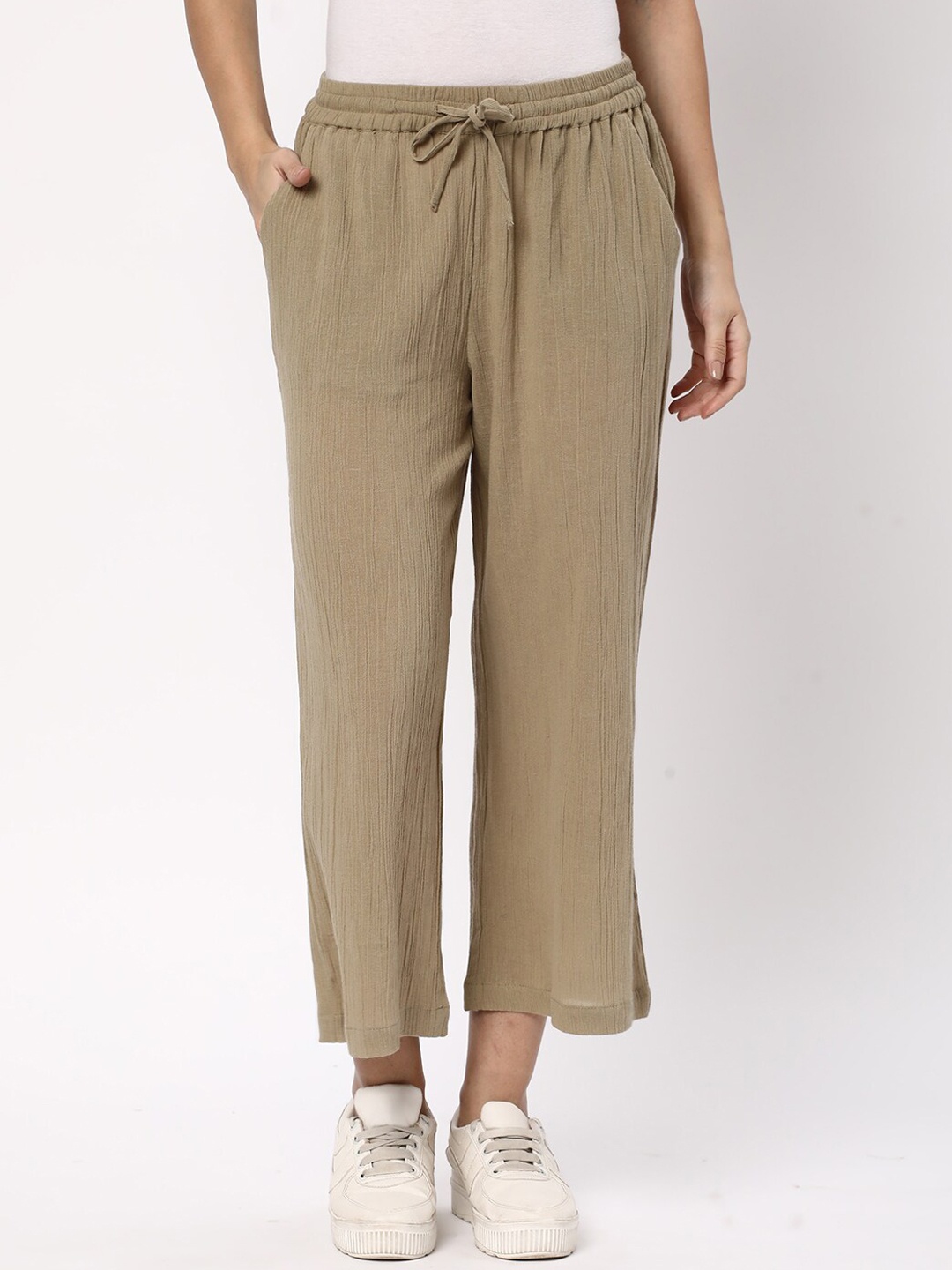 

R&B Women Mid-Rise Loose Fit Cotton Parallel Trousers, Olive