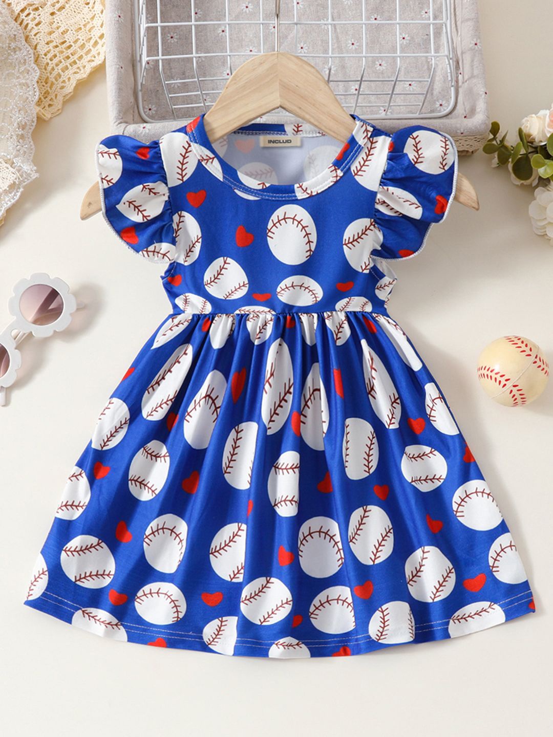 

INCLUD Roun Neck Flutter Sleeve Fit & Flare Dress, Blue