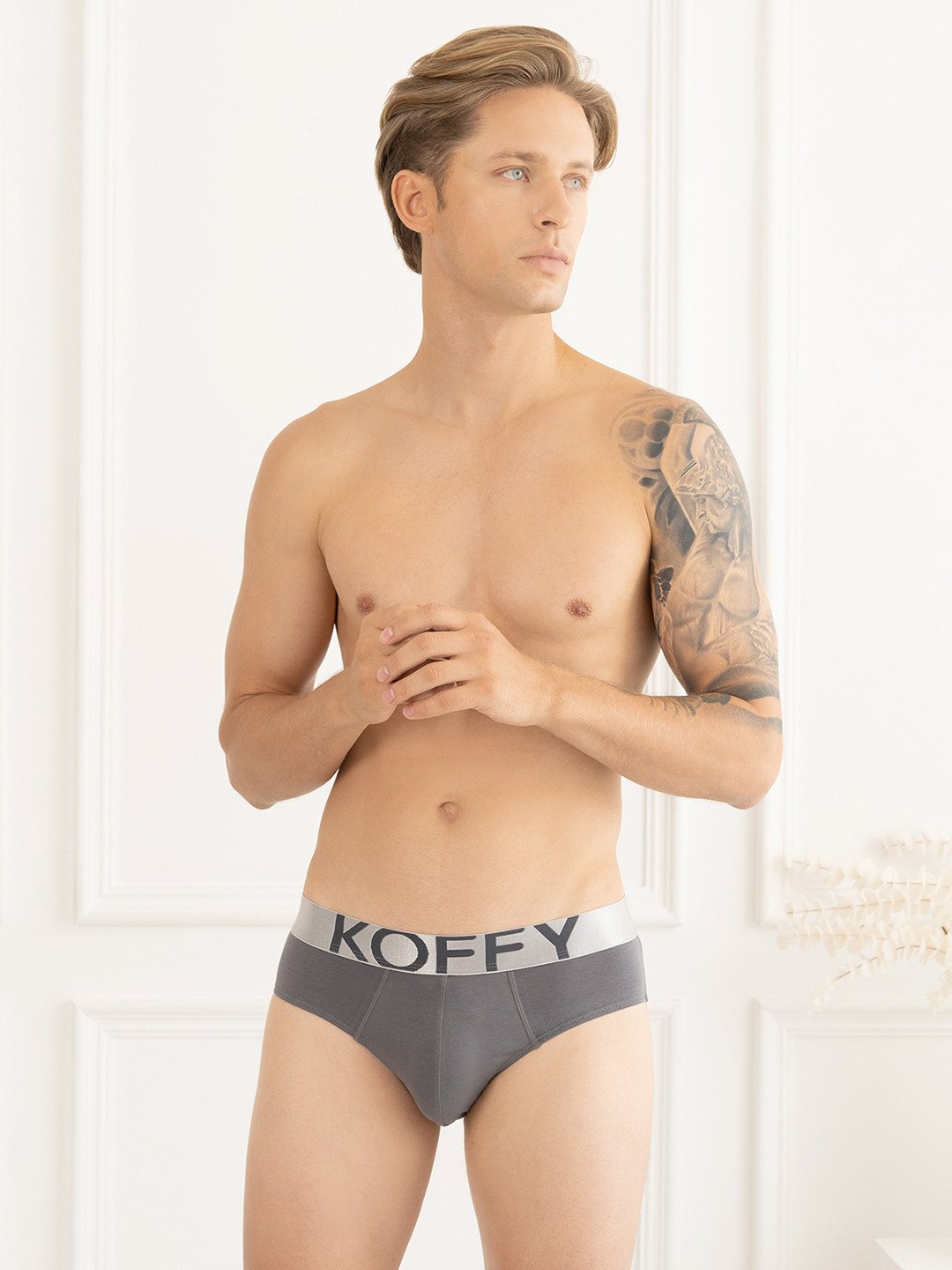 

KOFFY Men Mid Rise Front Open 4 Way Flexisoft Anti-Microbial Briefs, Grey