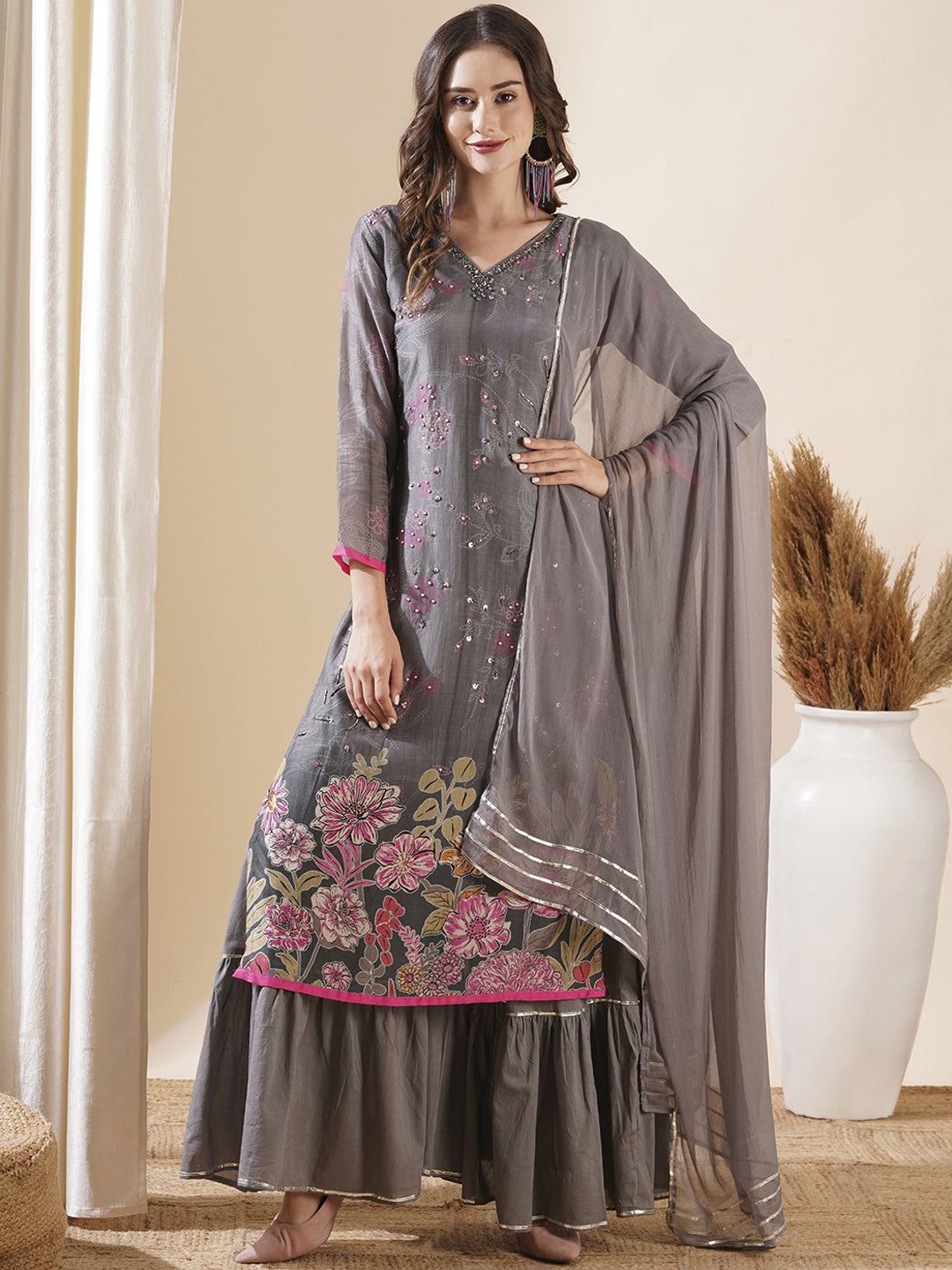 

FASHOR Women Pure Cotton Ethnic Motifs Printed Kurta with Sharara & With Dupatta, Grey