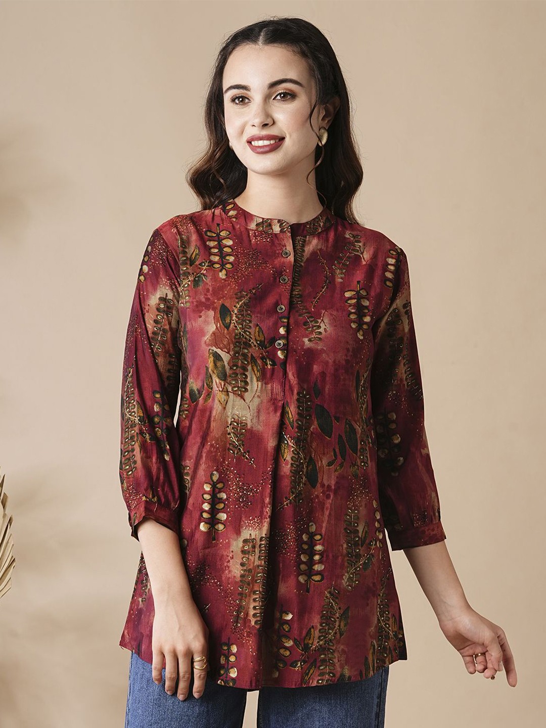 

FASHOR Women Abstract Printed Mandarin Collar Kurti, Maroon