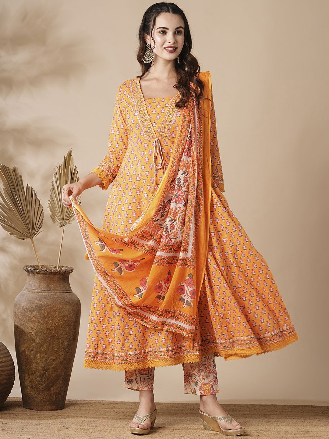 

FASHOR Women Floral Printed Panelled Kurta with Trousers & With Dupatta, Yellow