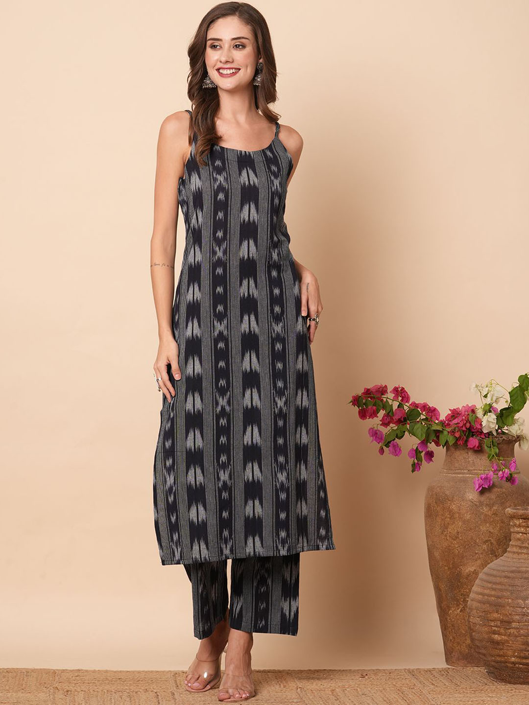 

FASHOR Striped Pure Cotton Kurta & Palazzo Co-Ords, Navy blue