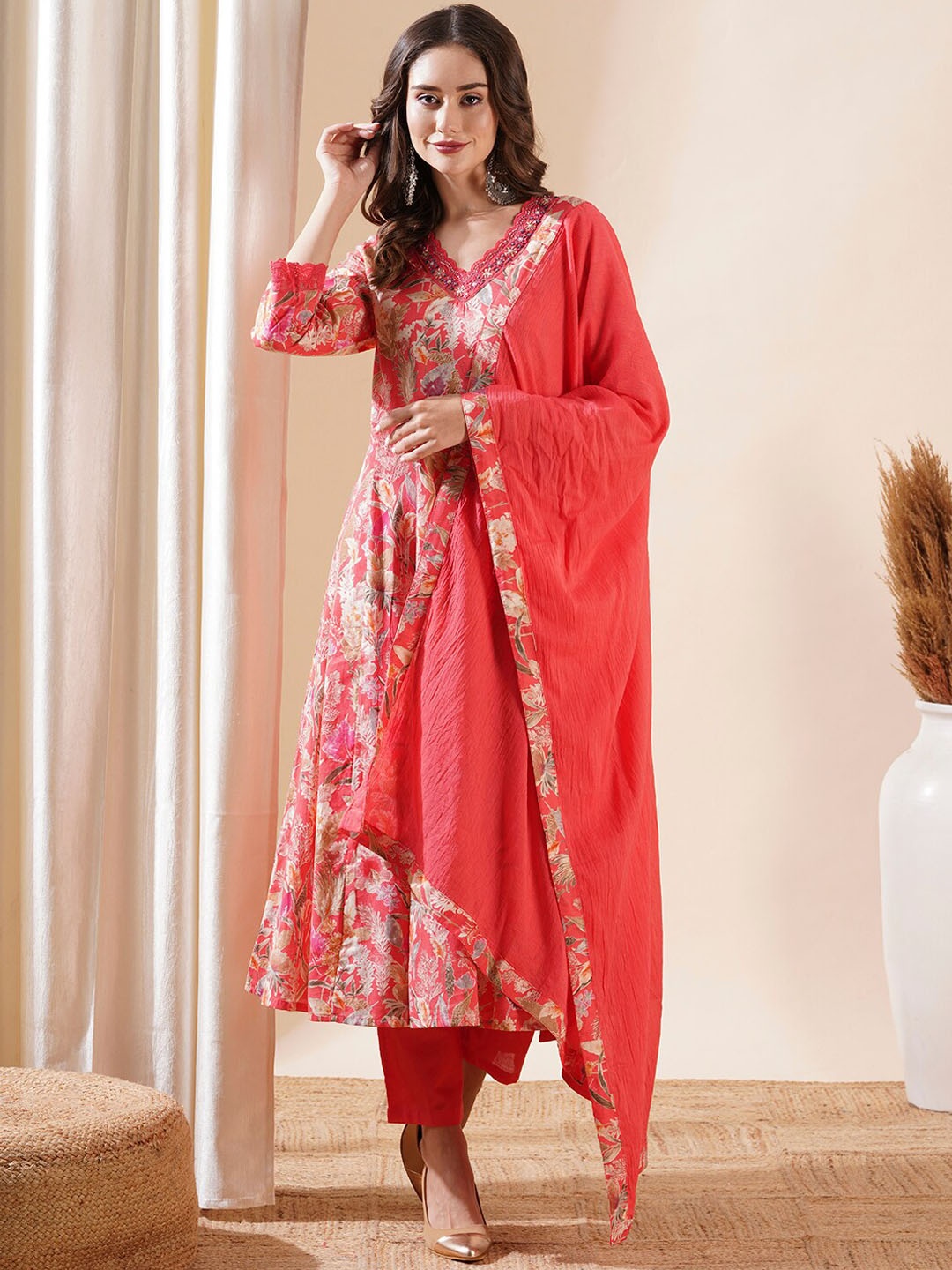 

FASHOR Women Floral Printed Panelled Pure Cotton Kurta with Trousers & With Dupatta, Peach