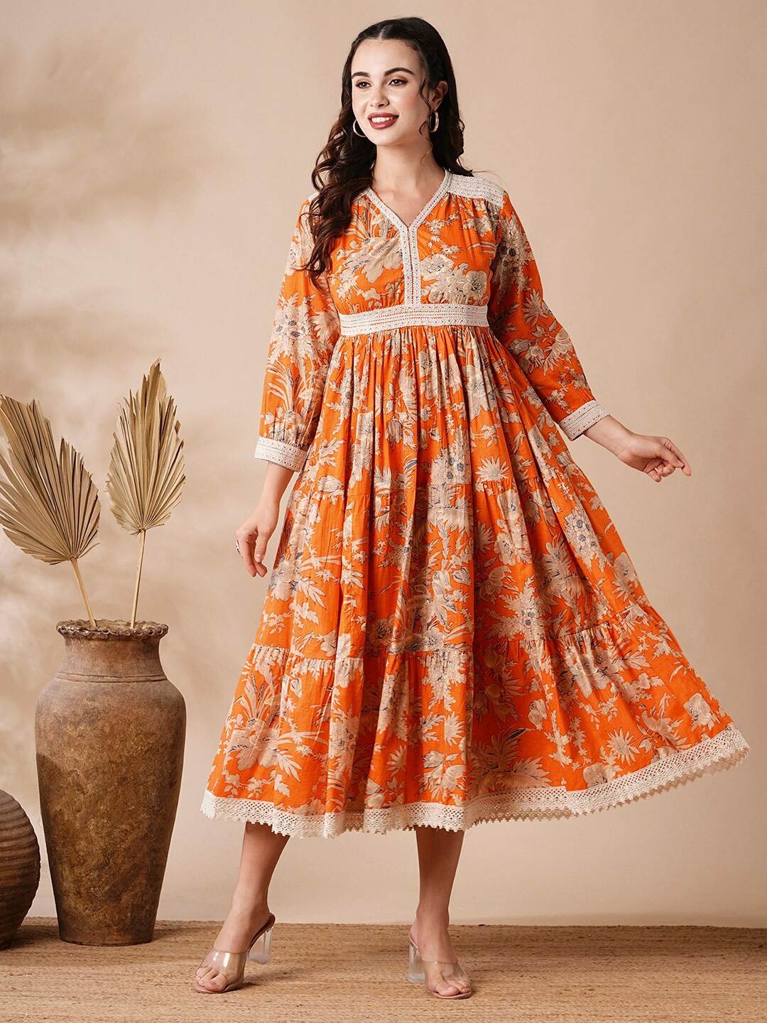 

FASHOR Ethnic Motifs Print A-Line Midi Dress, Orange