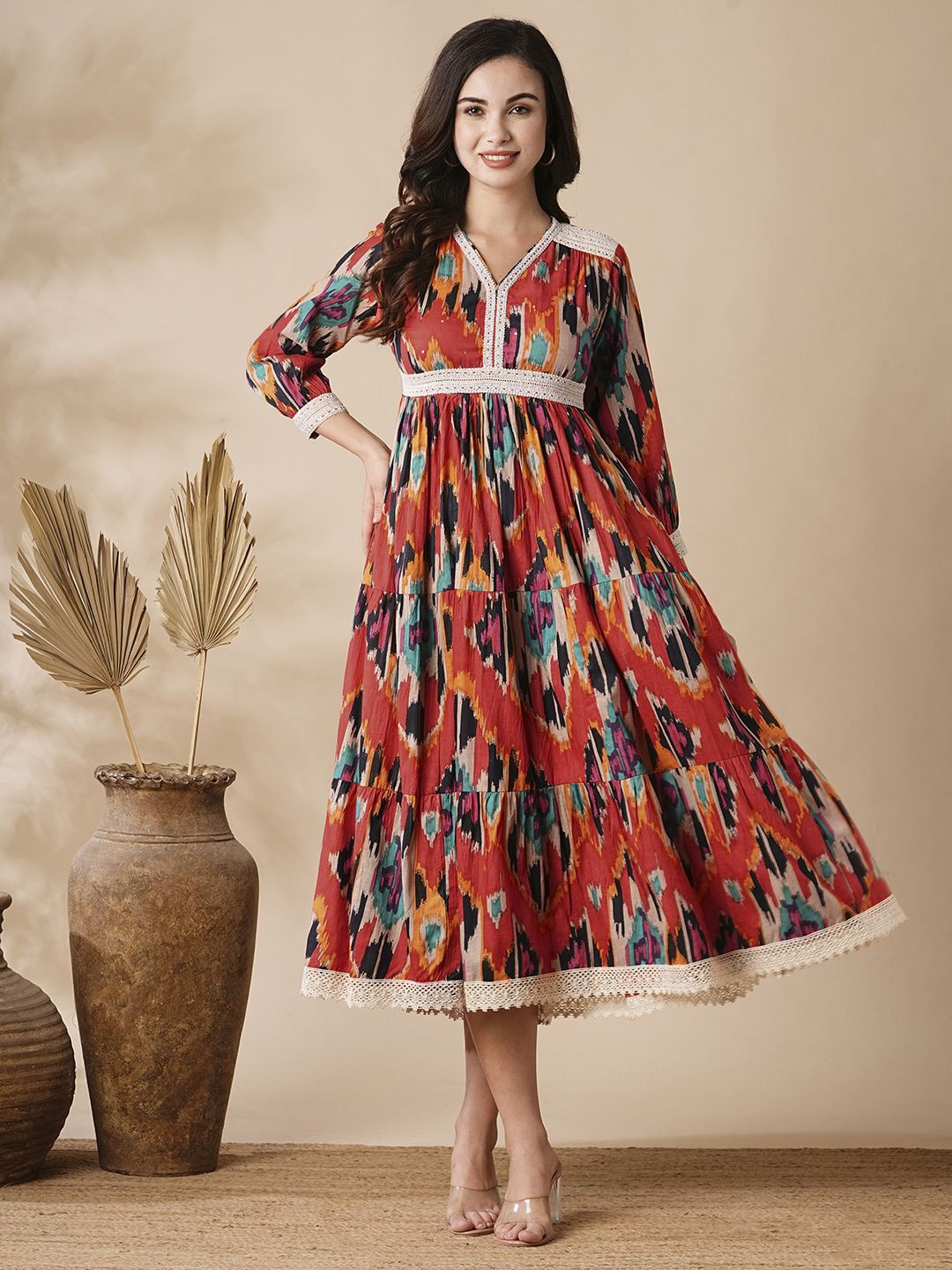 

FASHOR Floral Print A-Line Midi Dress, Red