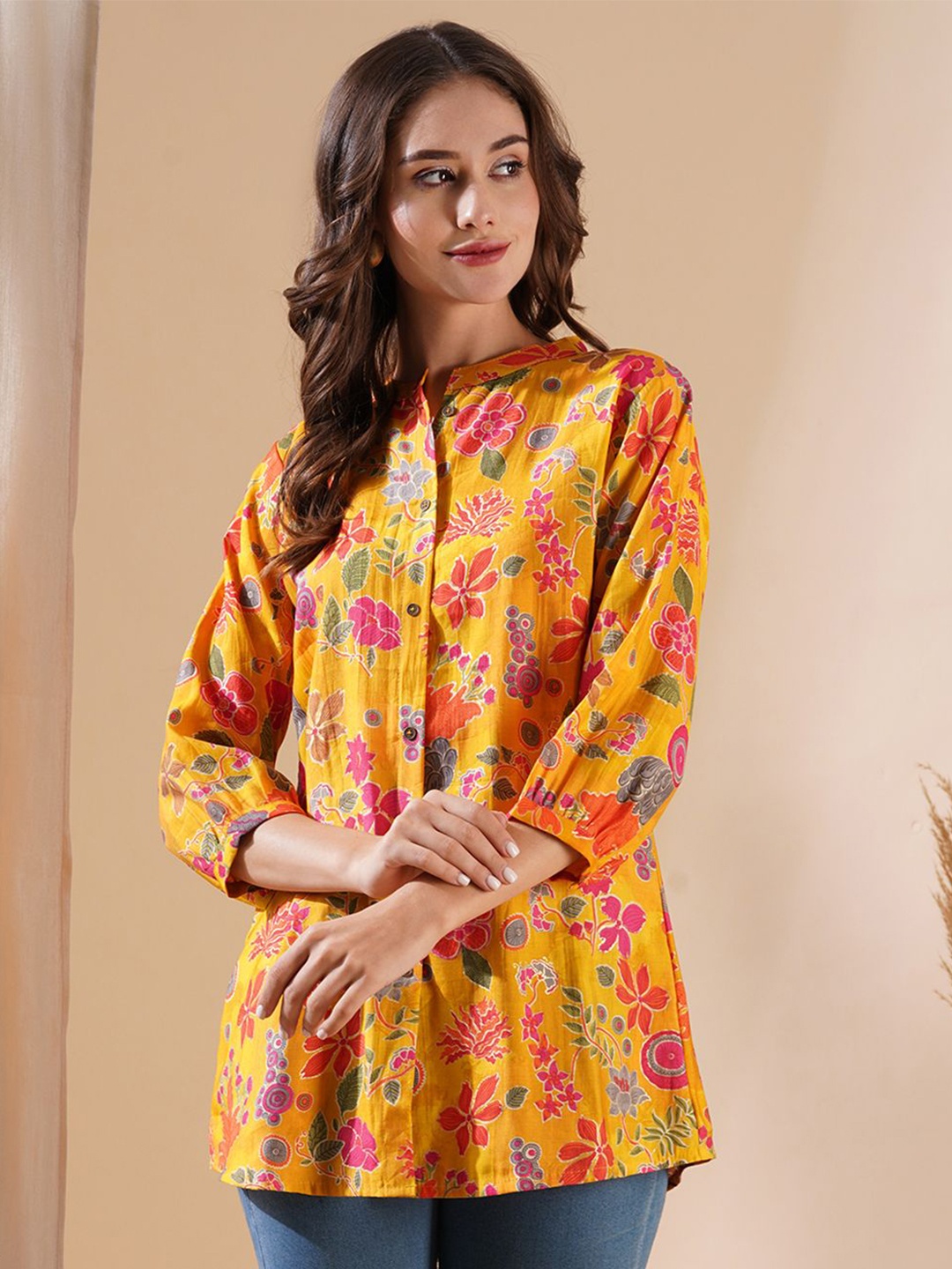 

FASHOR Women Floral Printed Mandarin Collar Kurti, Yellow