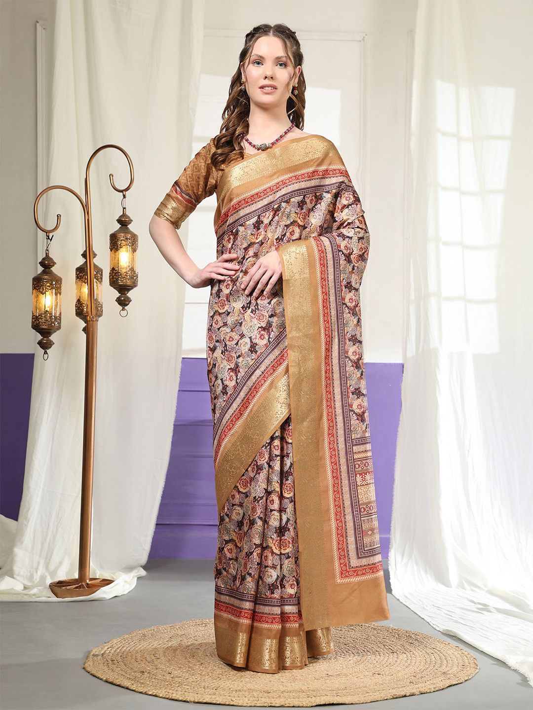 

PRATIBIMB Floral Zari Pure Silk Saree, Brown