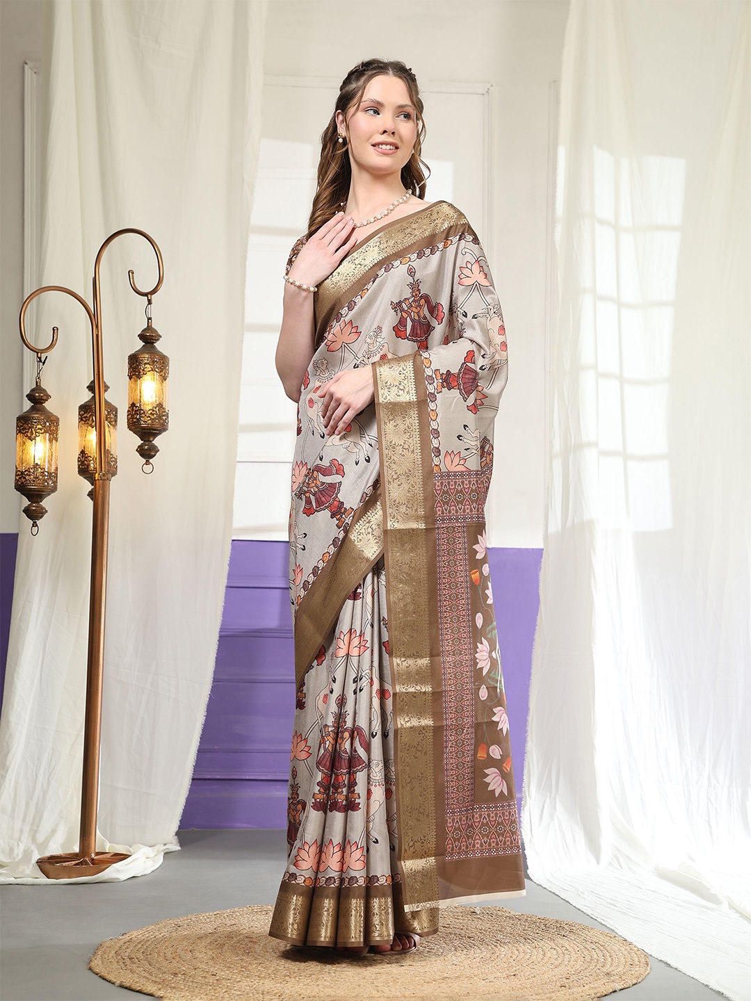 

PRATIBIMB Kalamkari Zari Pure Silk Saree, Brown