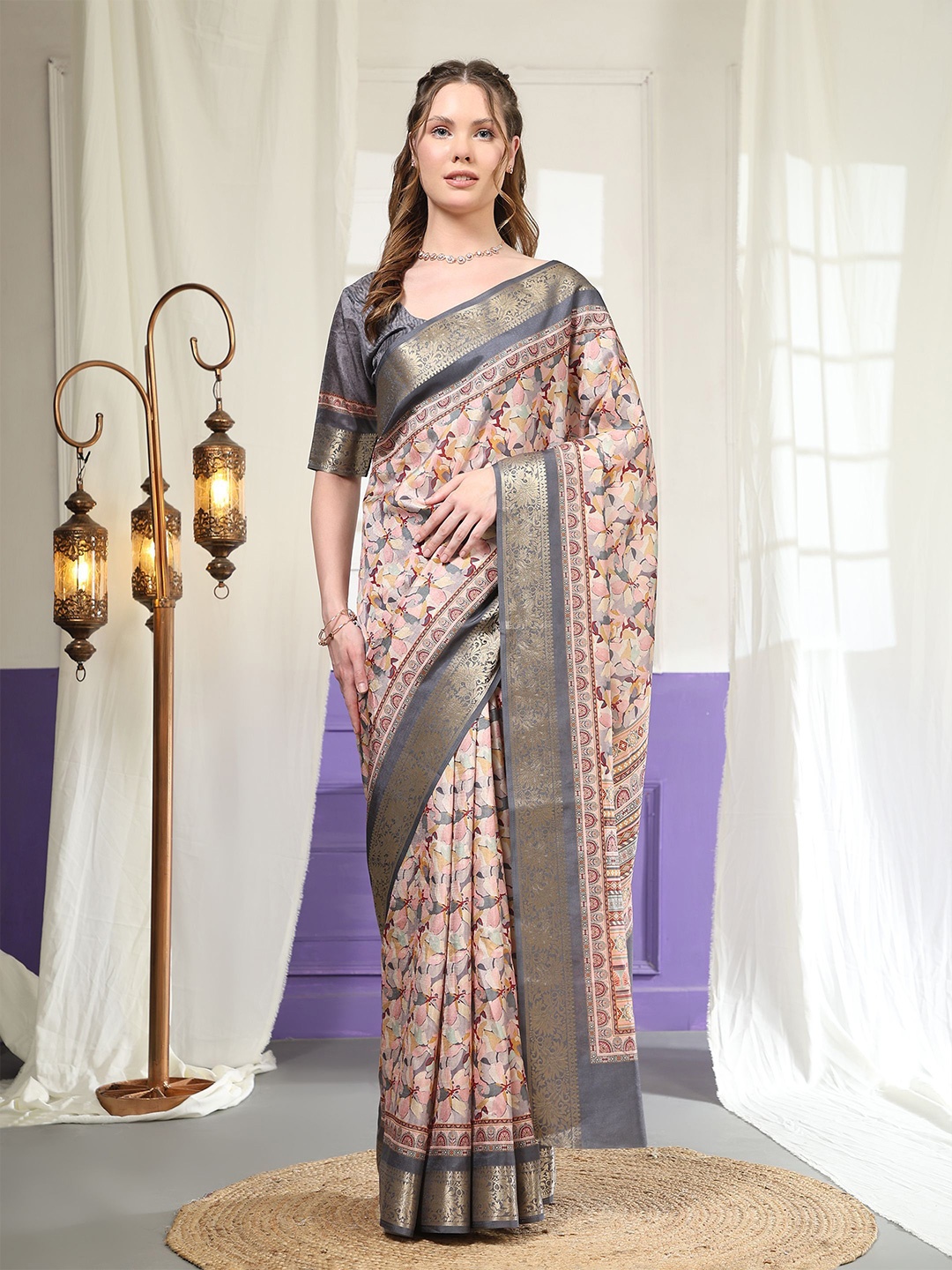 

PRATIBIMB Floral Zari Pure Silk Saree, Pink