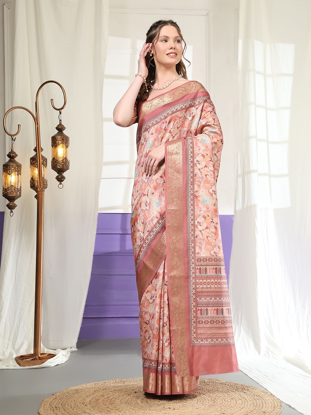

PRATIBIMB Floral Zari Pure Silk Saree, Pink