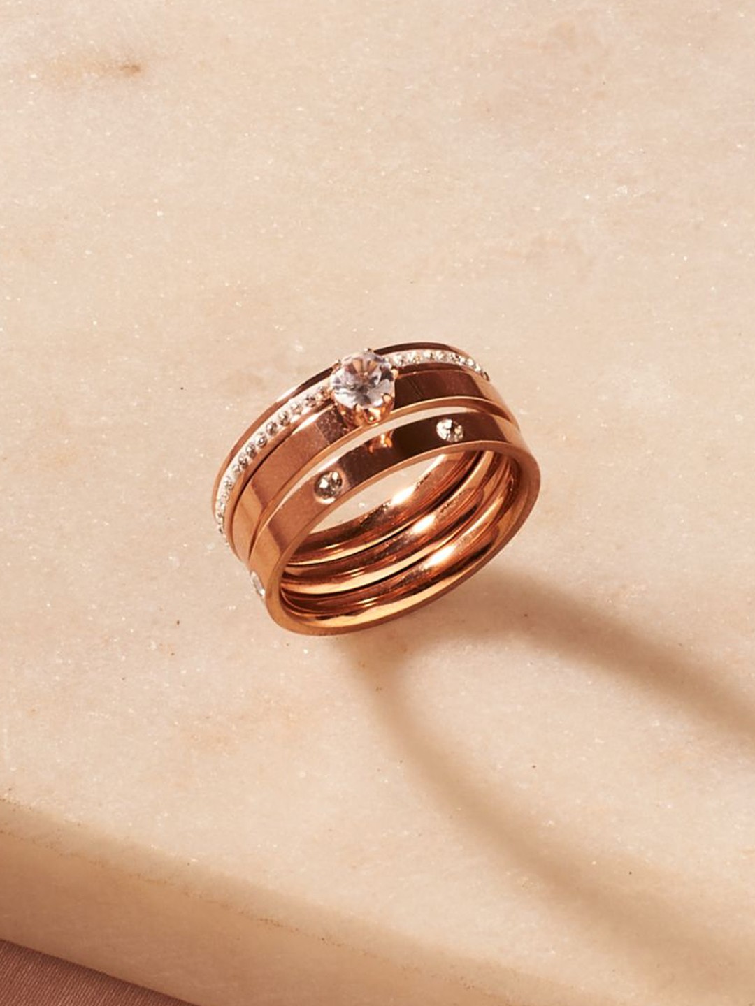 

SALTY Stainless Steel Stone-Studded Elysian Echo Finger Ring, Rose gold