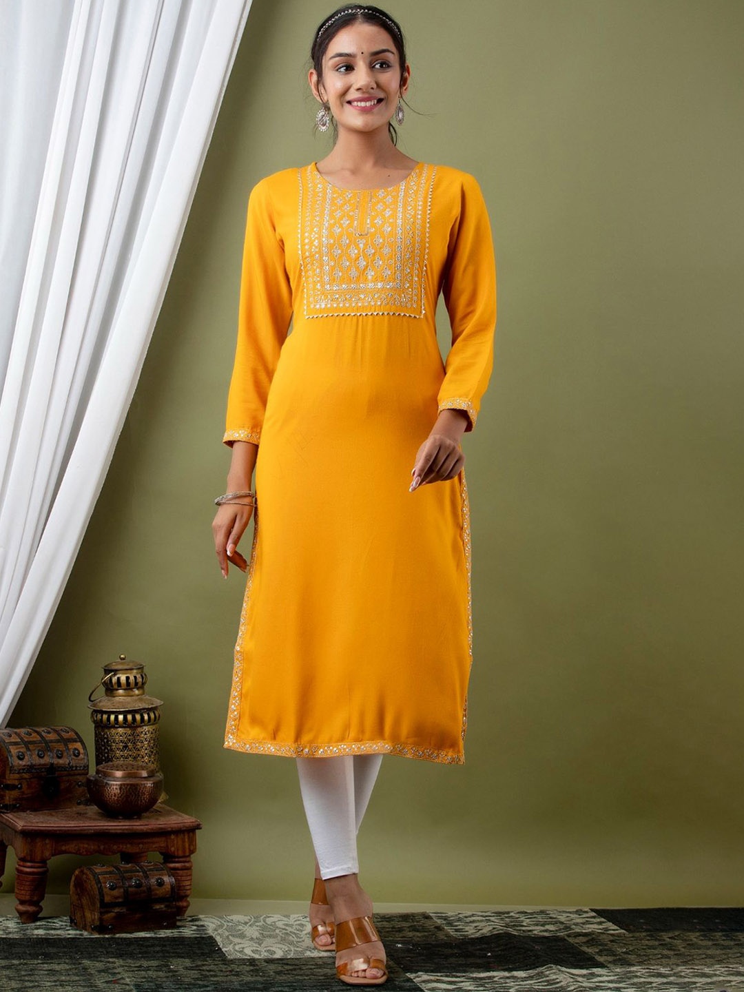 

VASANT APPAREL Women Embroidered Thread Work Kurta, Yellow