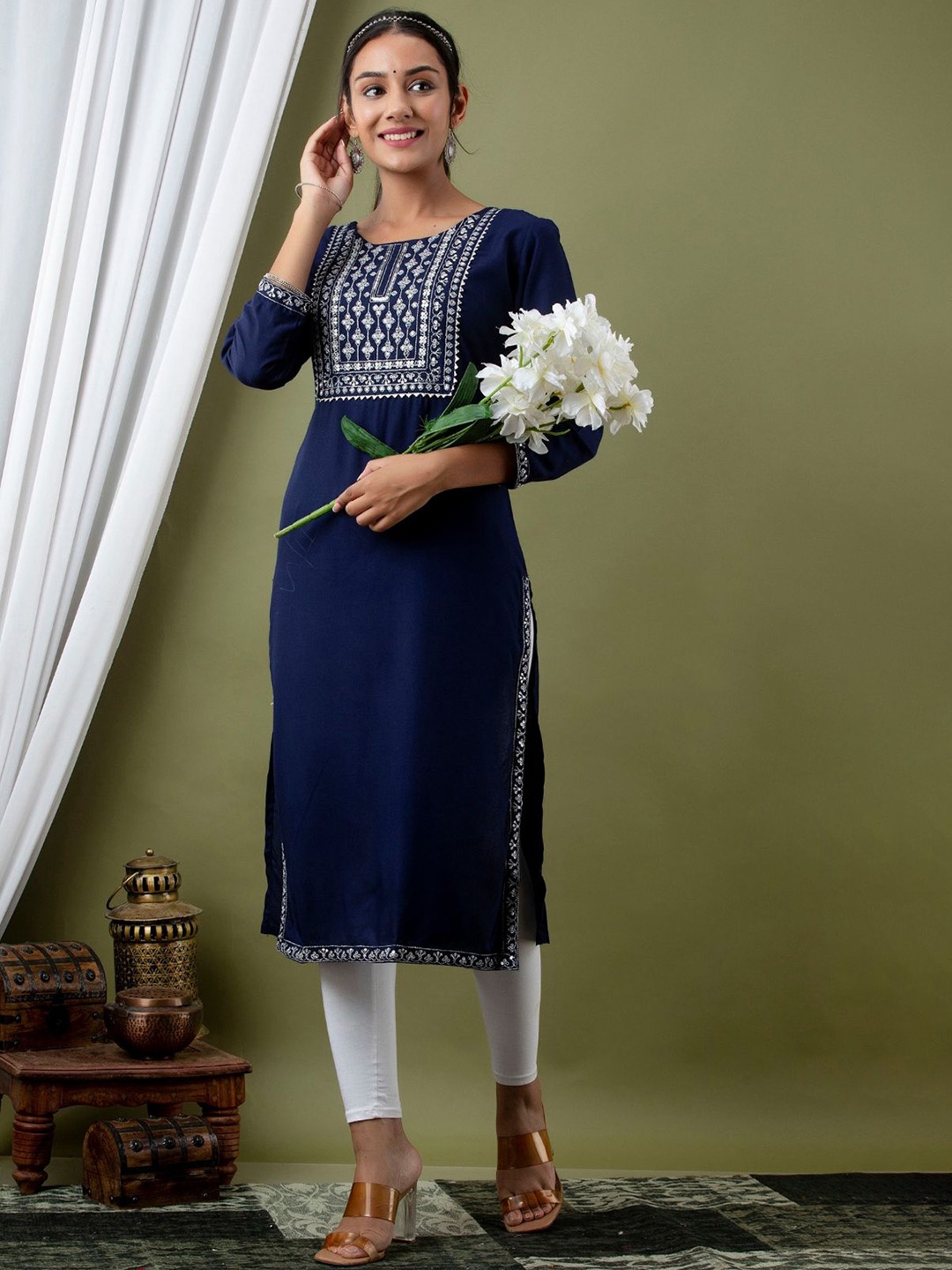 

VASANT APPAREL Women Ethnic Motifs Yoke Design Flared Sleeves Mirror Work Anarkali Kurta, Blue