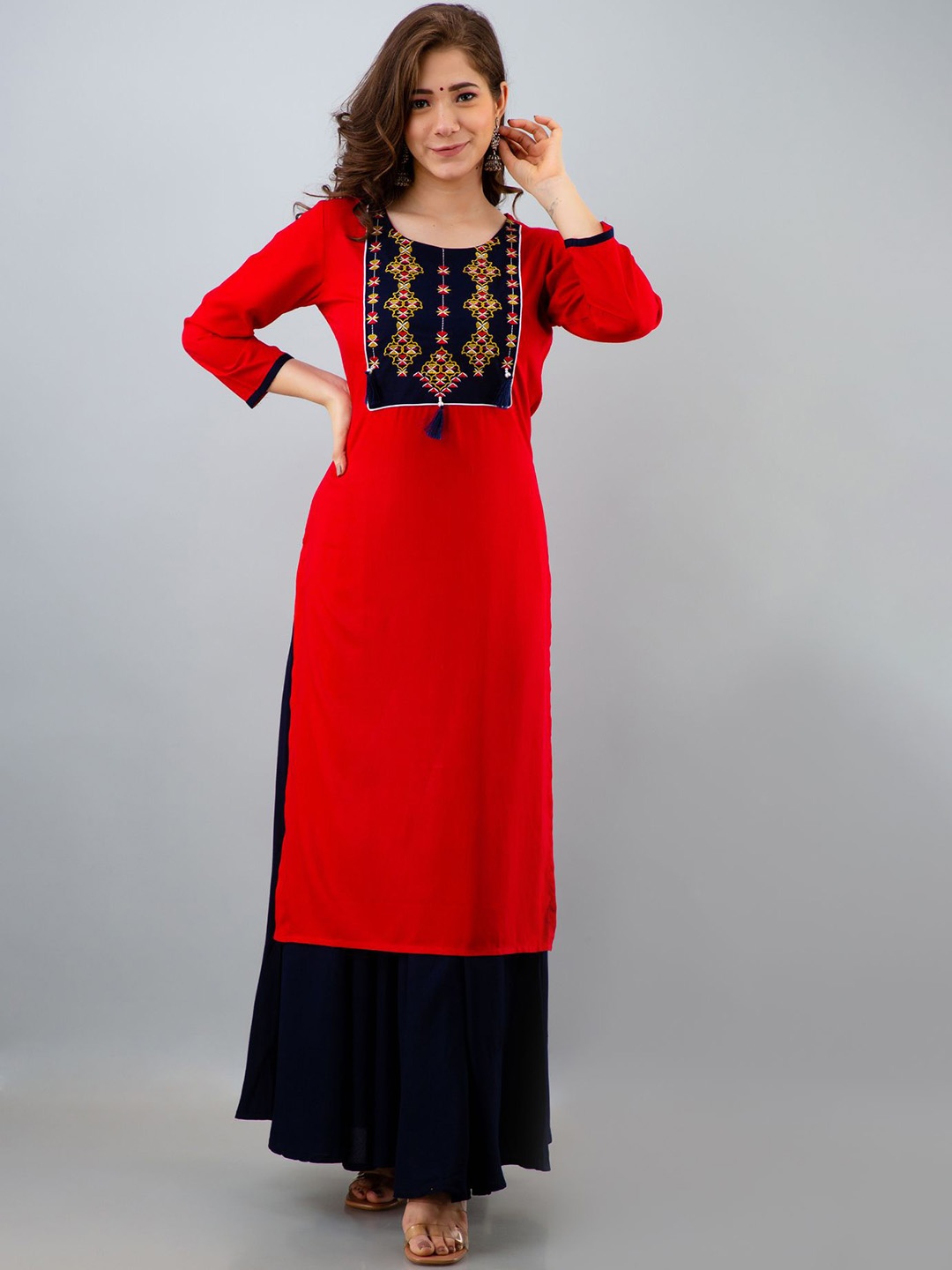 

VASANT APPAREL Women Floral Embroidered Regular Kurta with Skirt, Red