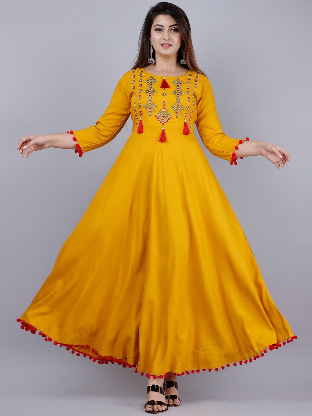 

VASANT APPAREL Embroidered A-Line Maxi Ethnic Dresses, Mustard