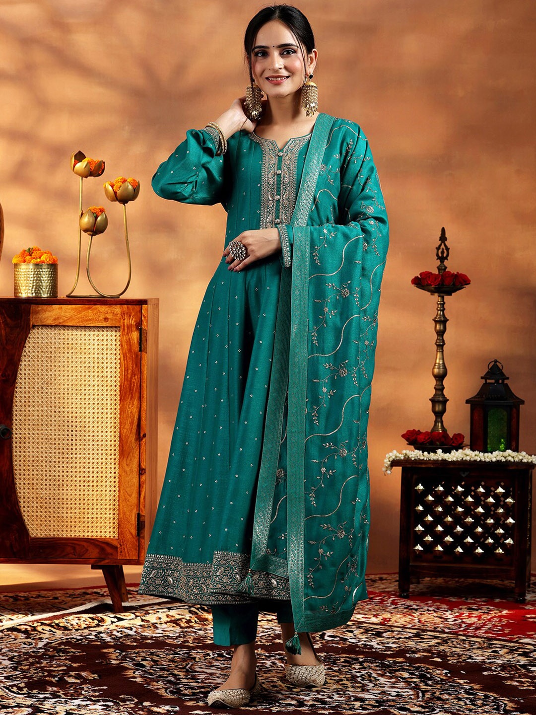 

Libas Women Printed Embroidered Paneled Sequinned Kurta with Trousers & With Dupatta, Green