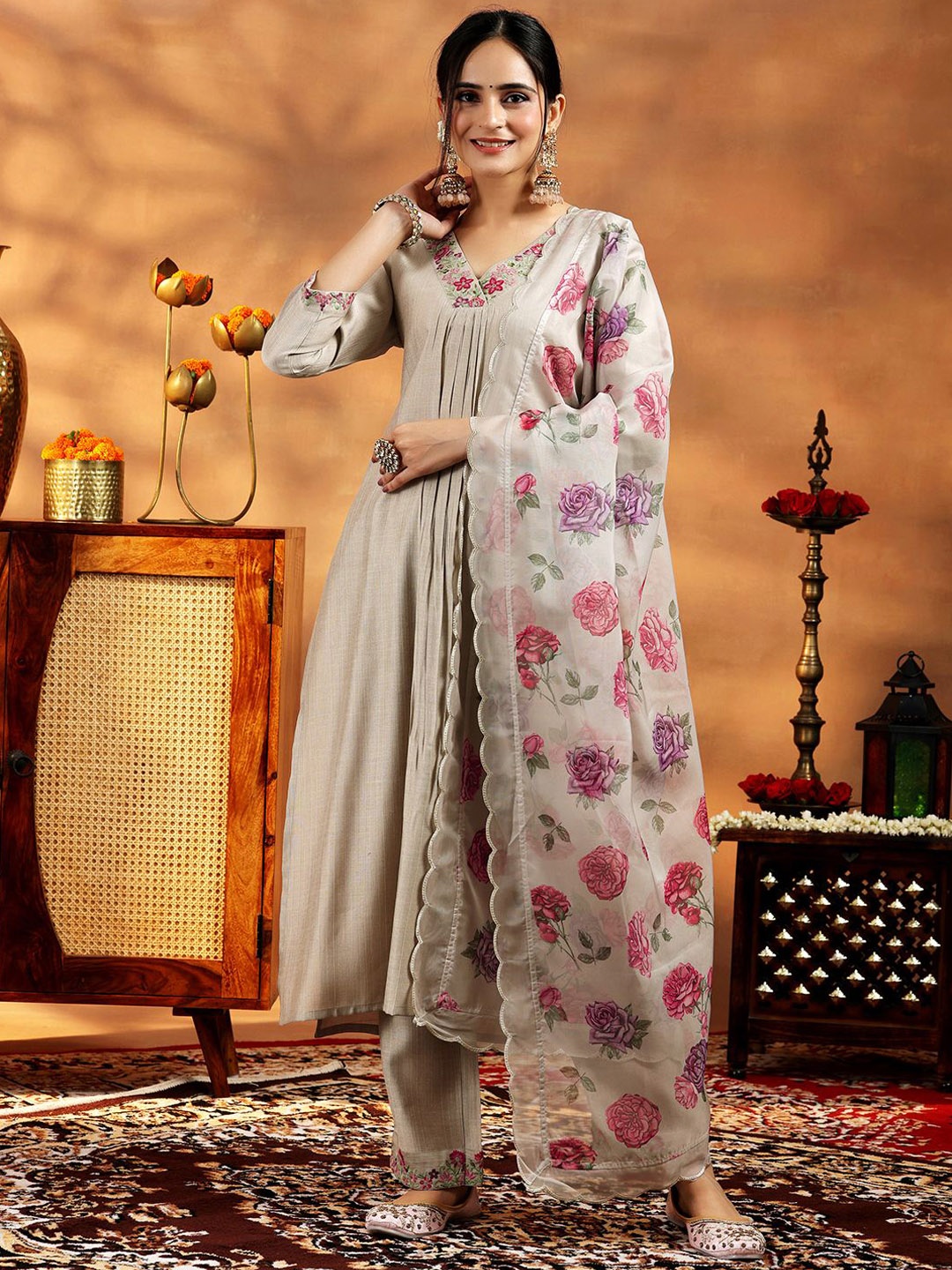

Libas Floral Embroidered Pleated Thread Work Kurta with Trouser & Dupatta, Beige