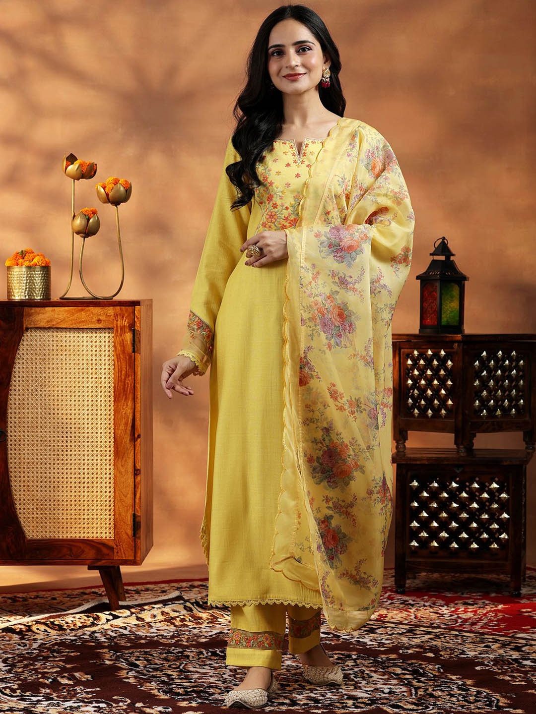 

Libas Floral Embroidered Thread Work Straight Kurta with Trouser & Dupatta, Yellow