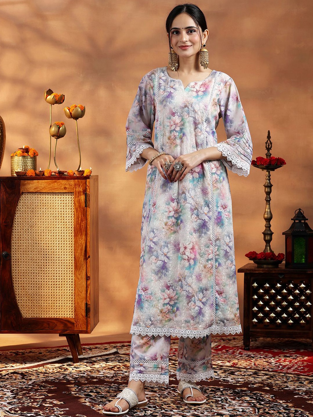 

Libas Women Floral Printed Kurta with Trousers, White