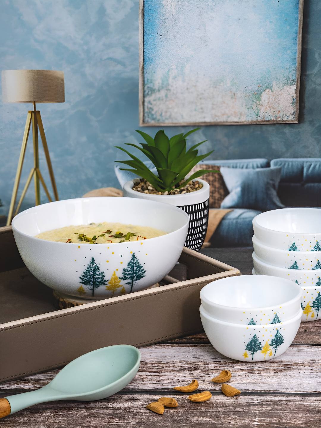 

Cello 7Pieces White & Green Opalware Bowls