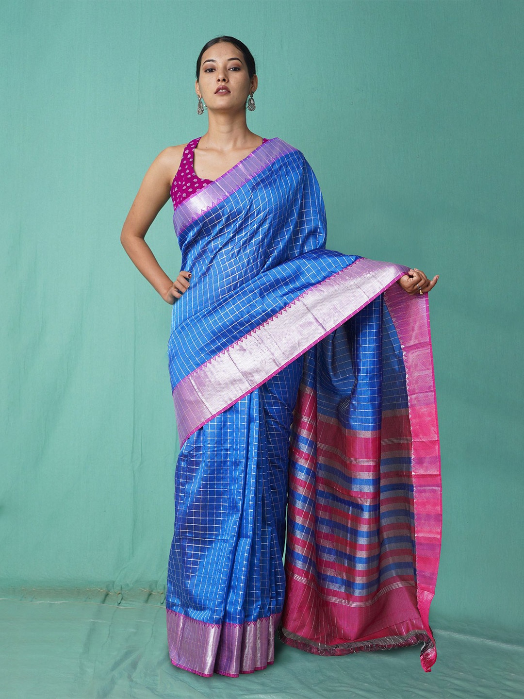 

Unnati Silks Woven Design Pure Cotton Handloom Bagru Saree, Blue