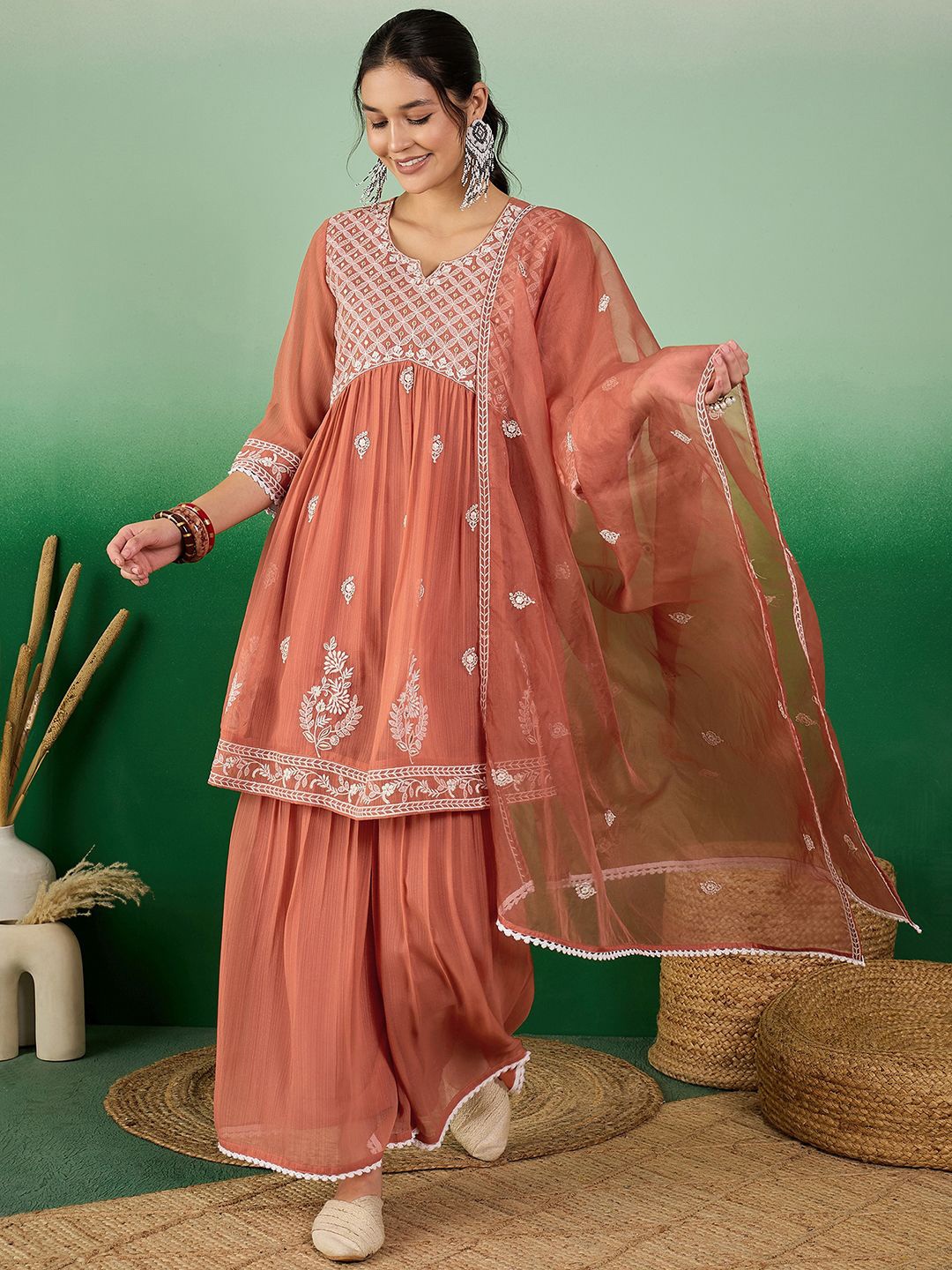 

Sangria Women Embroidered Kurta & Palazzos With Dupatta, Rust