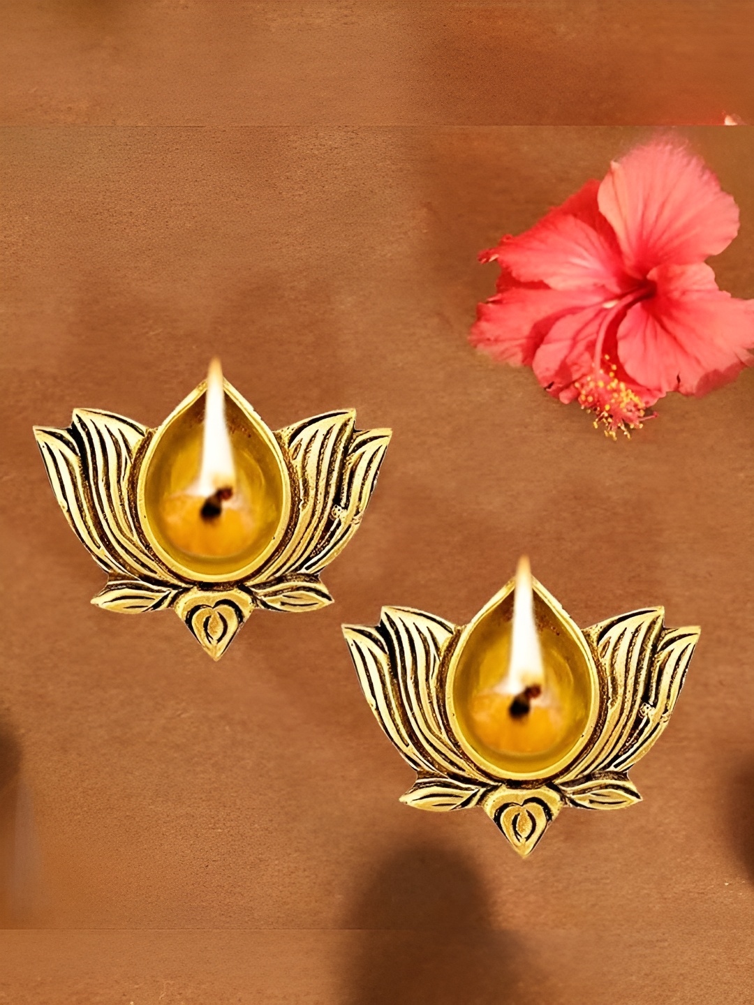 

The Advitya Set Of 2 Lotus Shaped Brass Diya, Gold