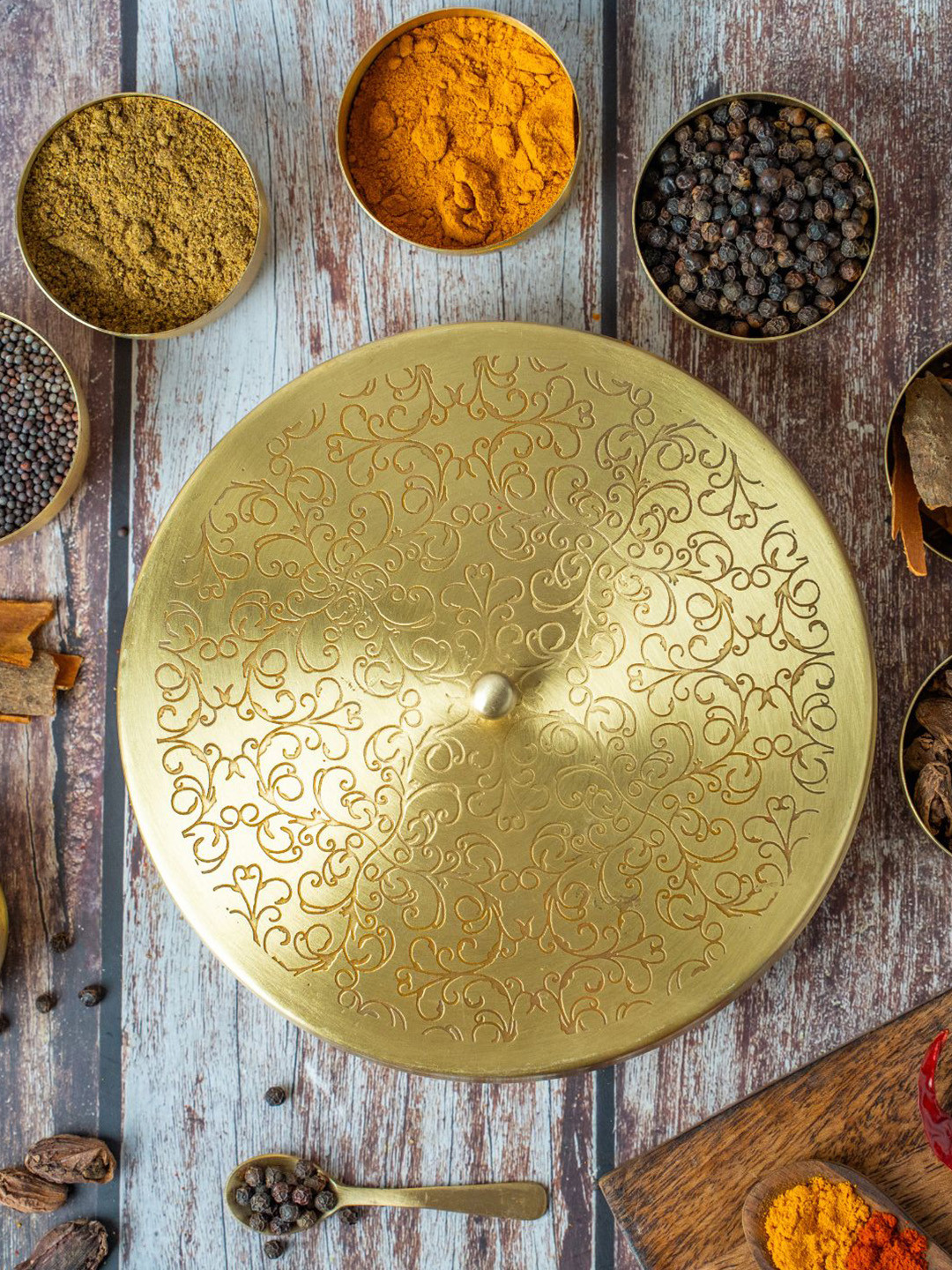 

The Advitya Brass Spice Box, Gold