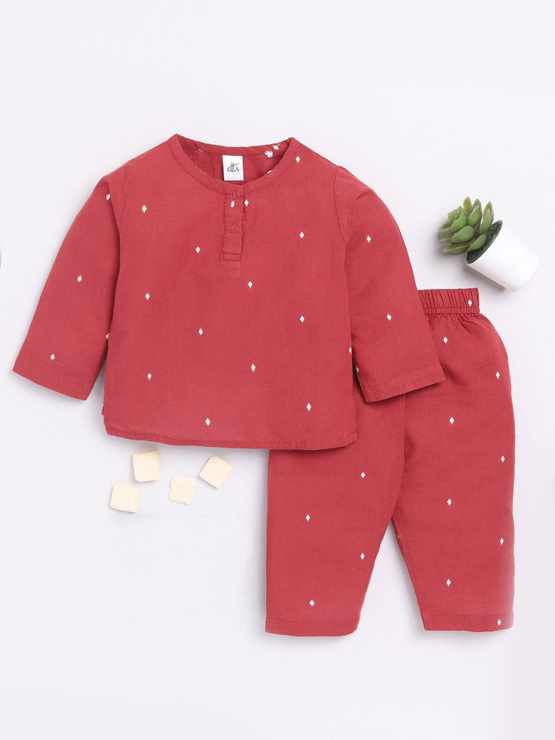 

Polka Dots Girls Printed Night suit, Red
