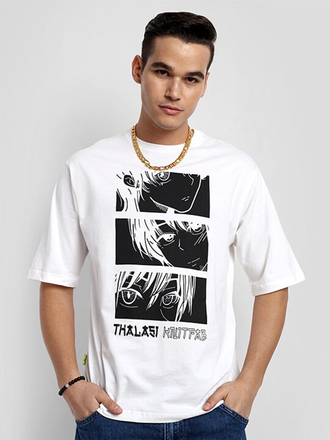 

THALASI Men Graphic Printed Round Neck Monochrome T-shirt, White