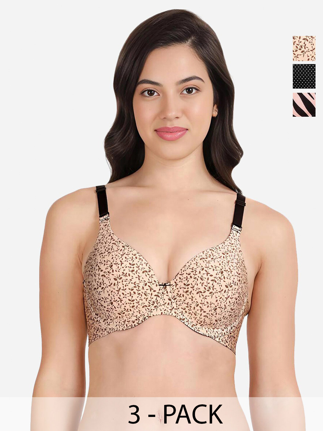 

shyaway Pack of 3 Women Floral Printed Medium Coverage Underwired Lightly Padded Bra, Beige