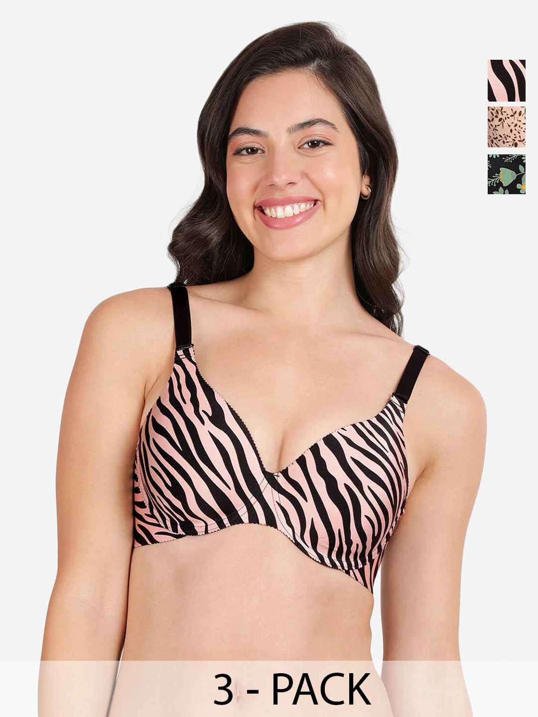 

shyaway Pack of 3 Women Floral Printed Medium Coverage Underwired Lightly Padded Bra, Beige
