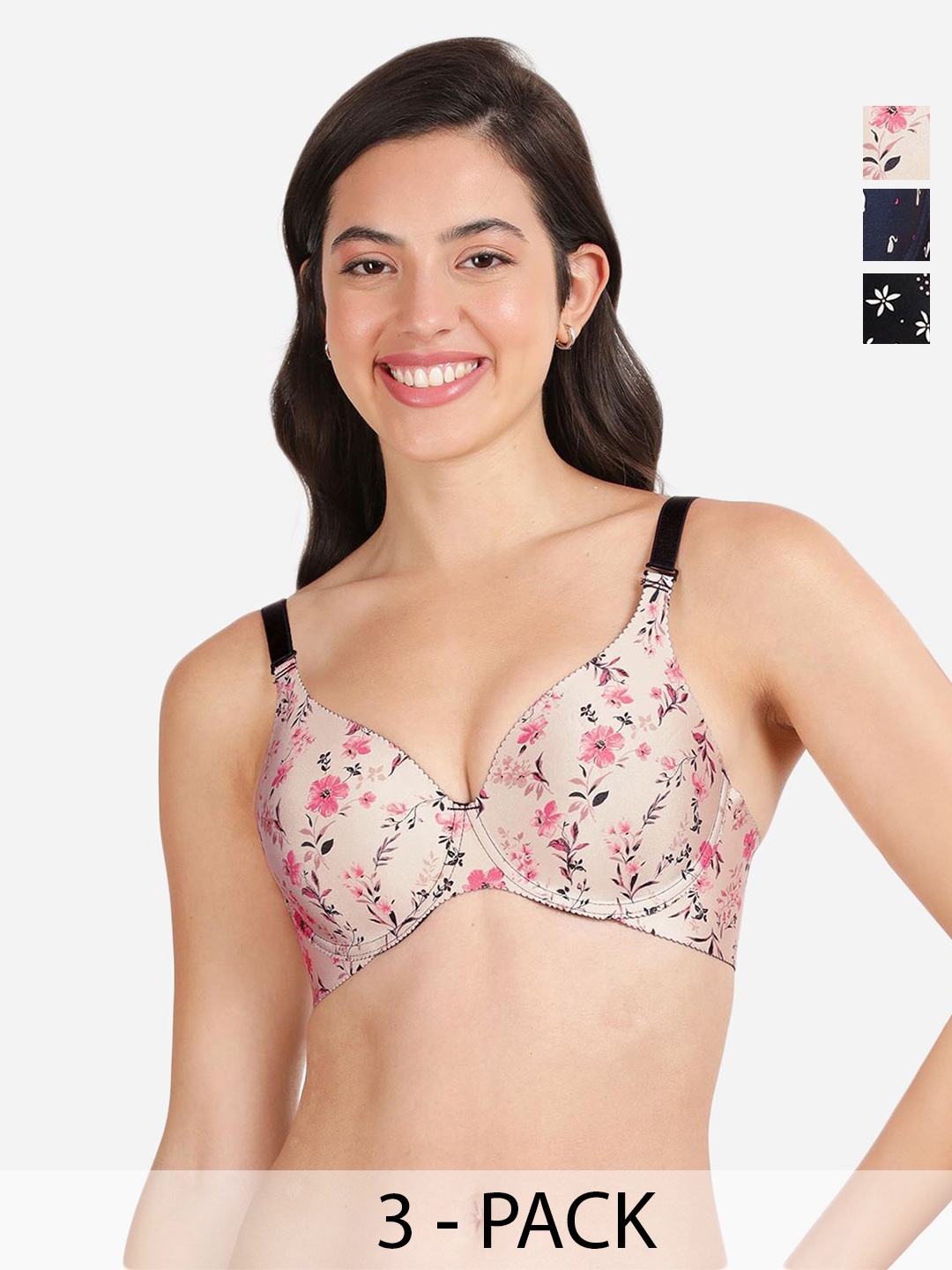 

shyaway Pack of 3 Women Floral Printed Medium Coverage Underwired Lightly Padded Bra, Beige