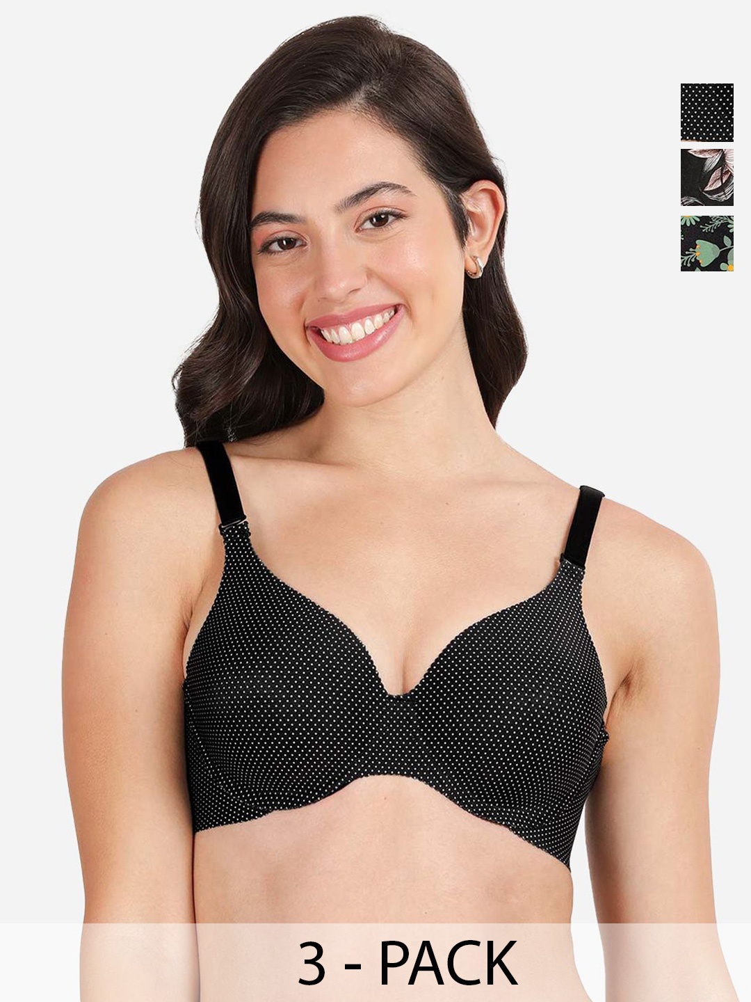 

shyaway Pack of 3 Women Floral Printed Medium Coverage Underwired Lightly Padded Bra, Black