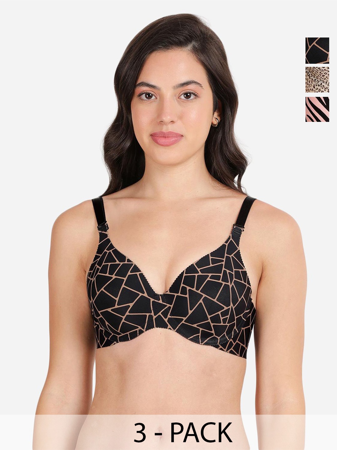 

shyaway Pack of 3 Women Animal Printed Medium Coverage Underwired Lightly Padded Bra, Black