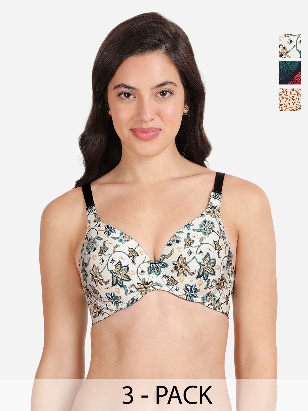 

shyaway Pack of 3 Women Floral Printed Medium Coverage Underwired Lightly Padded Bra, Beige