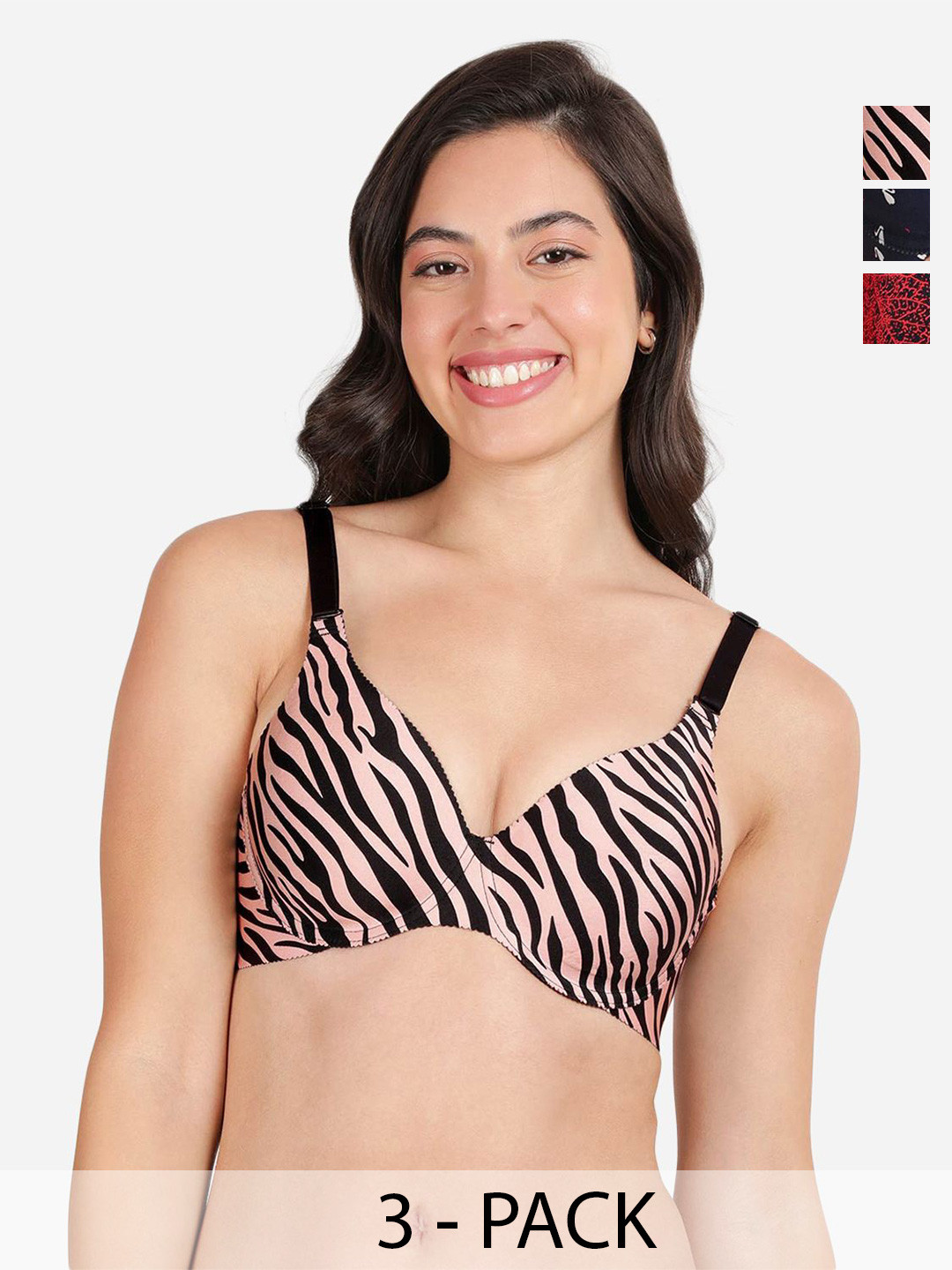 

shyaway Pack of 3 Women Animal Printed Medium Coverage Underwired Lightly Padded Bra, Black