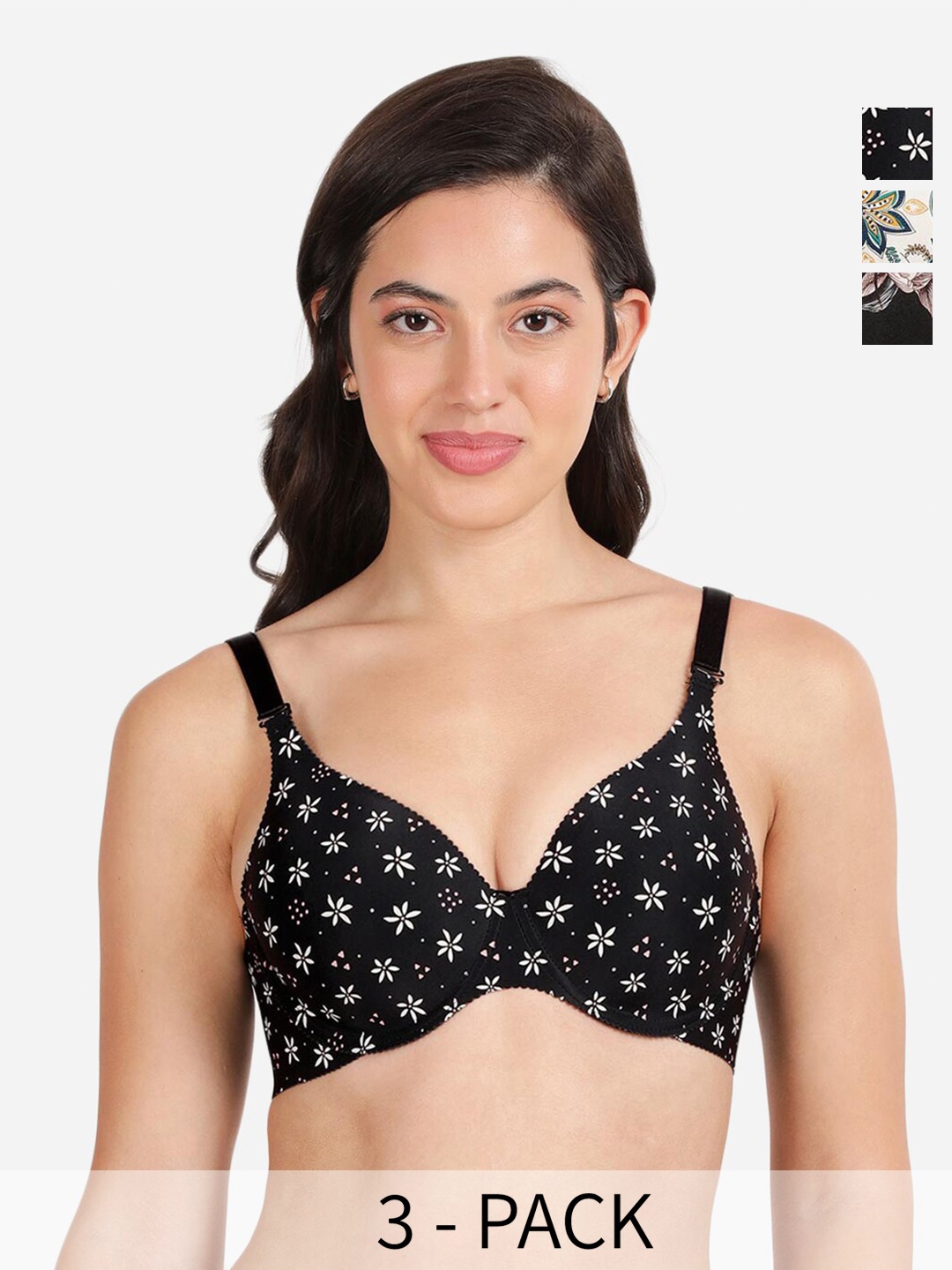 

shyaway Pack of 3 Women Floral Printed Medium Coverage Underwired Lightly Padded Bra, White