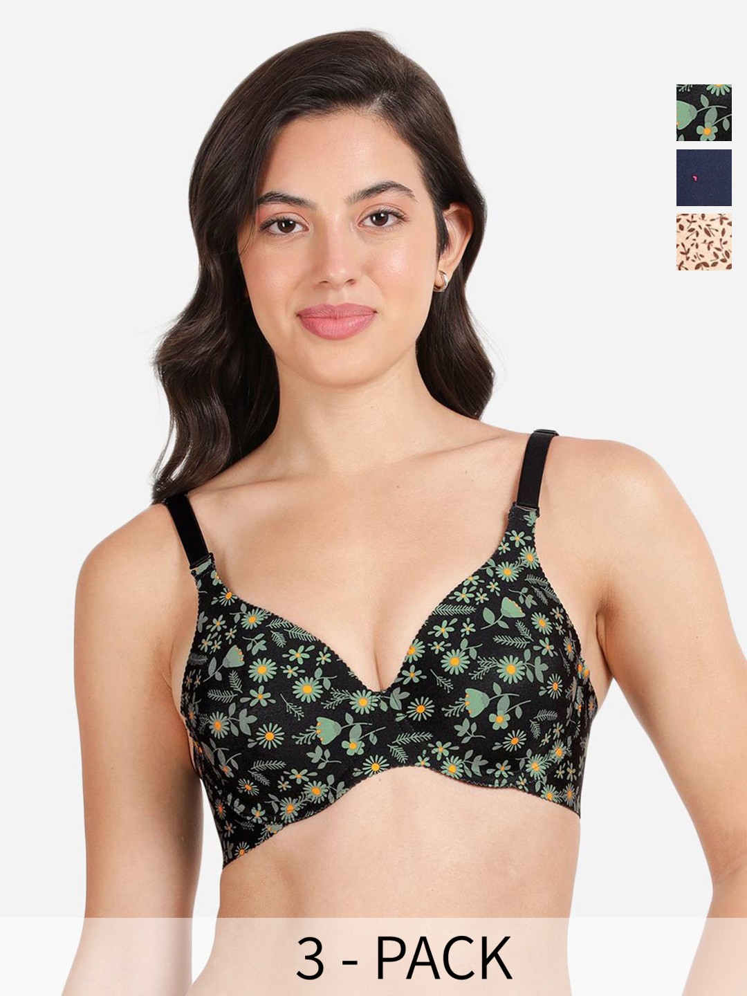 

shyaway Pack of 3 Women Floral Printed Medium Coverage Underwired Lightly Padded Bra, Black
