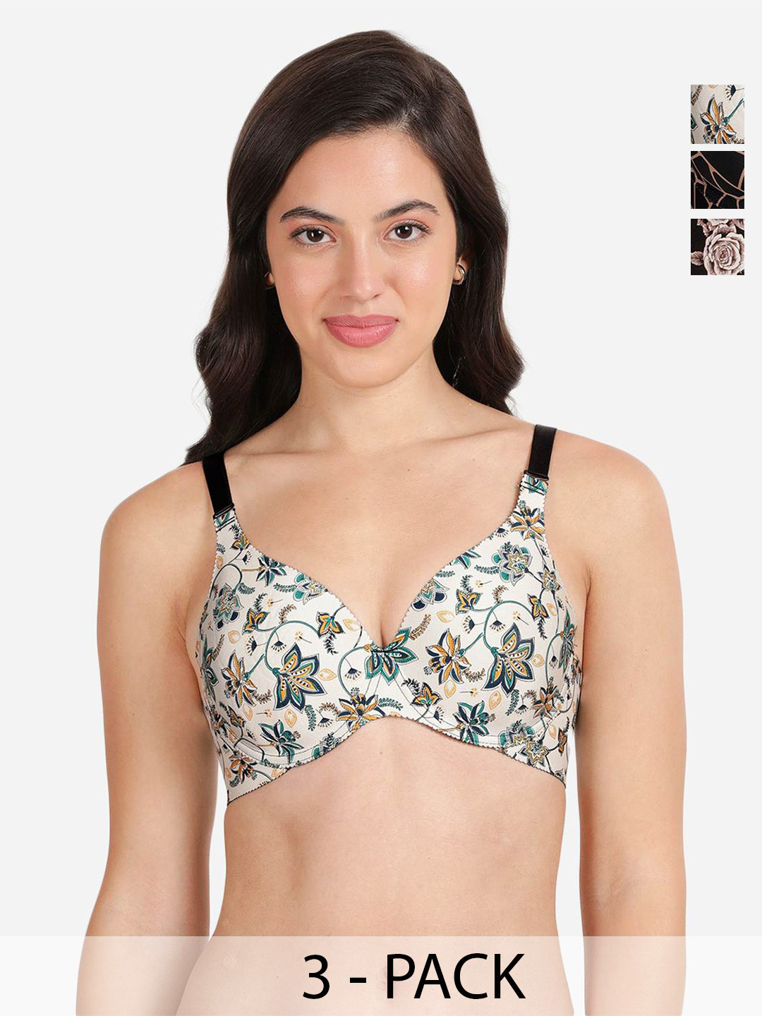 

shyaway Pack of 3 Women Floral Printed Medium Coverage Underwired Lightly Padded Bra, Black