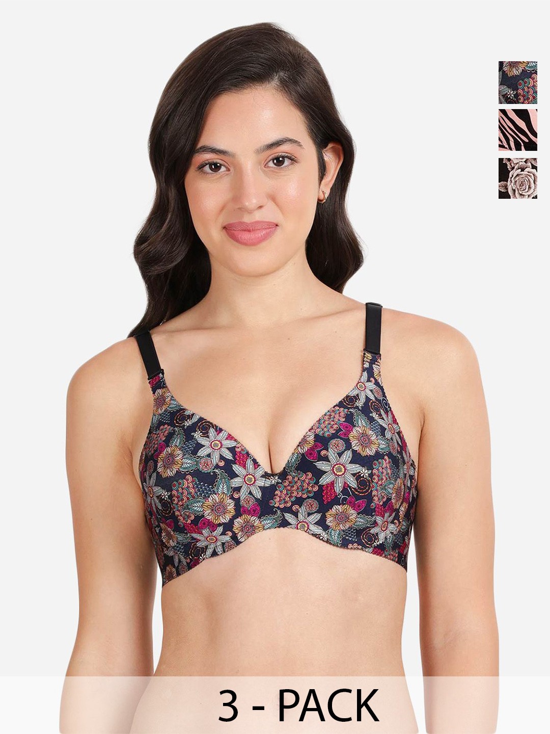 

shyaway Pack of 3 Women Floral Printed Medium Coverage Underwired Lightly Padded Bra, Black