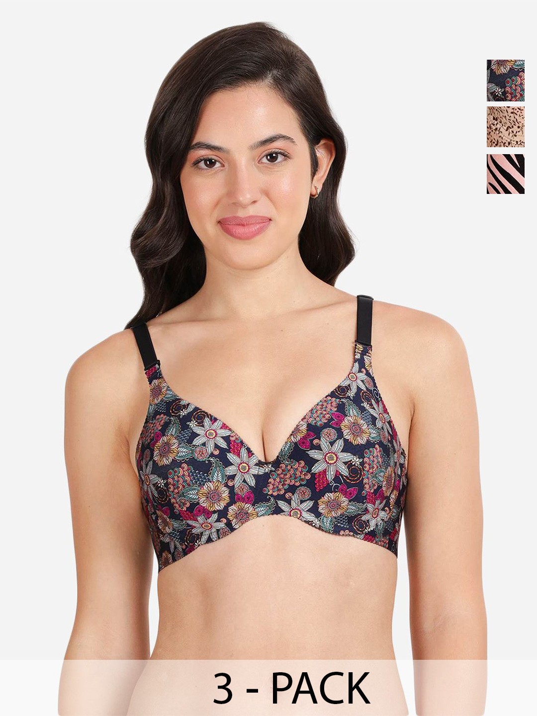 

shyaway Pack of 3 Women Floral Printed Medium Coverage Underwired Lightly Padded Bra, Beige
