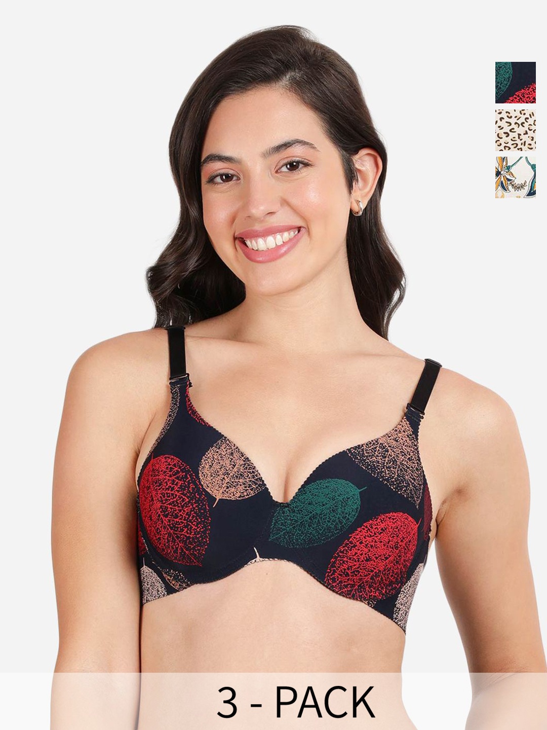 

shyaway Pack of 3 Women Floral Printed Medium Coverage Underwired Lightly Padded Bra, Red