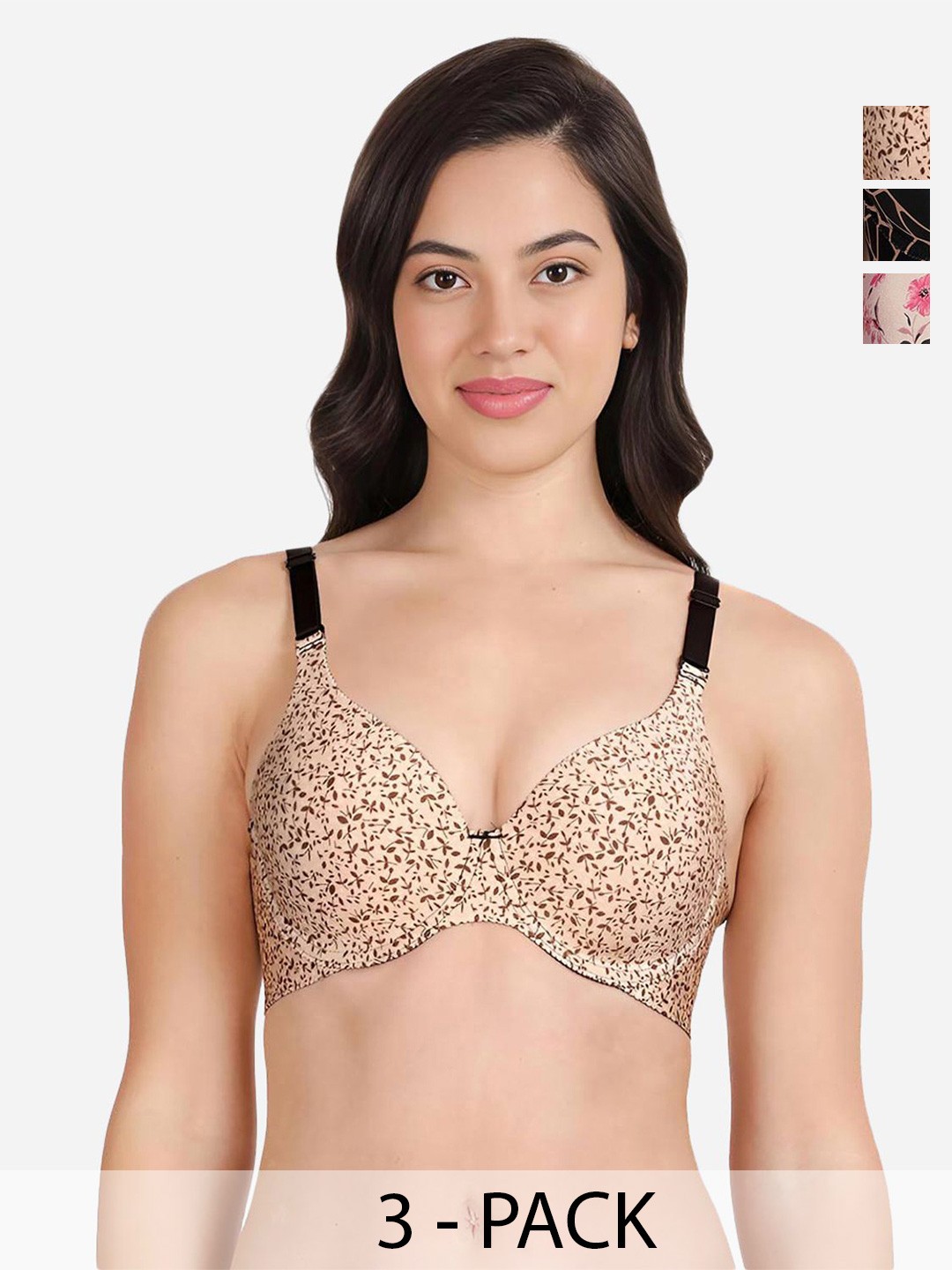

shyaway Pack of 3 Women Floral Printed Medium Coverage Underwired Lightly Padded Bra, Beige