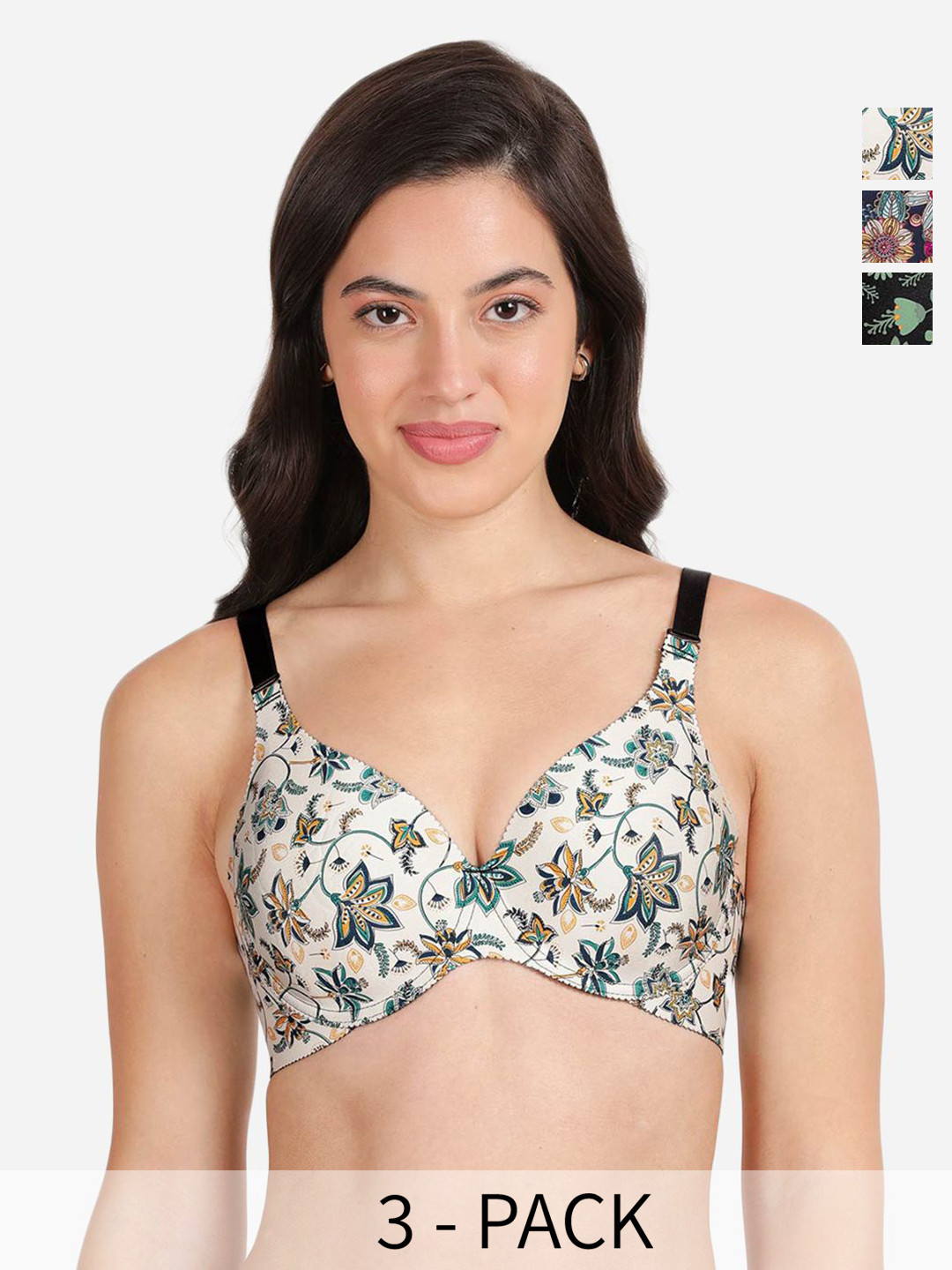 

shyaway Pack of 3 Women Floral Printed Medium Coverage Underwired Lightly Padded Bra, White