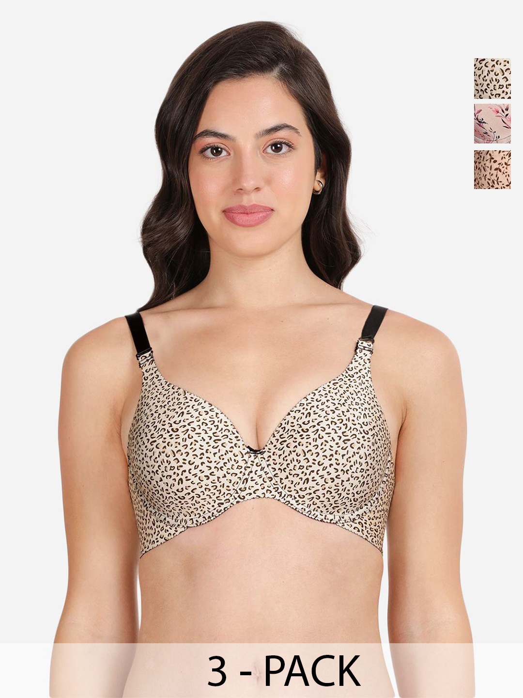 

shyaway Pack of 3 Women Floral Printed Medium Coverage Underwired Lightly Padded Bra, Cream