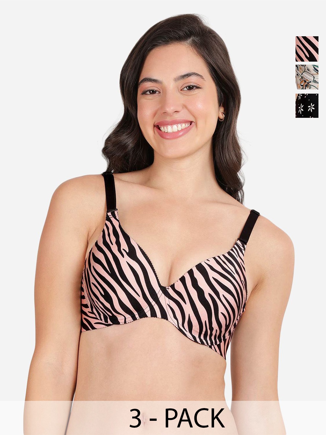 

shyaway Pack of 3 Women Floral Printed Medium Coverage Underwired Lightly Padded Bra, White